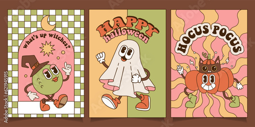 Happy Halloween vintage greeting a4 posters with groovy cartoon characters. retro cartoon style style pumpkin, witch in hat, pumpkin and ghost. 70s style psychedelic background. Vector illustration