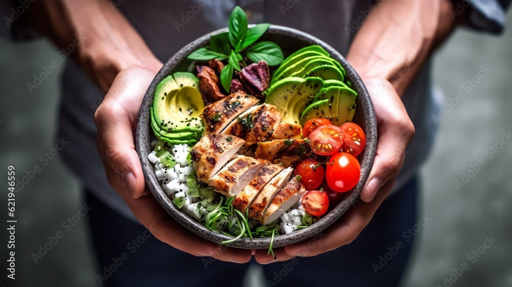 Fototapeta Healthy food diet, Grilled chicken meat and fresh vegetable salad of tomato and avocado
