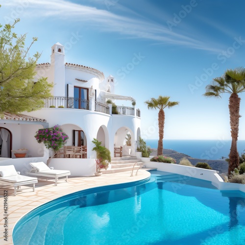 luxurious mediterranean home, outdoor living concept with private oasis, traditional white house with swimming pool, fictional architecture created with generative ai