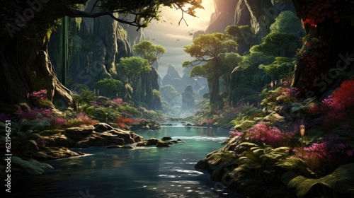 A vivid  hyper-realistic image of a lush  thriving rainforest untouched by human hands generative ai