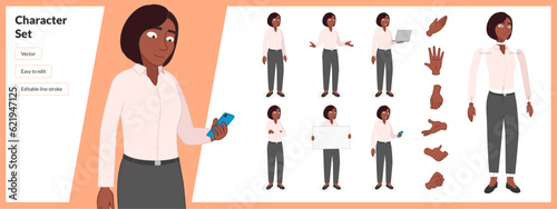 Illustration of black woman, wearing business casual pattern clothing in a set of multiple poses. Easy to edit with editable line strokes and isolated on white background. Suitable for animation.
