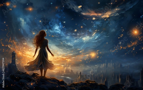 Astronomer Woman and the Enchanting Starry Night. Generative AI