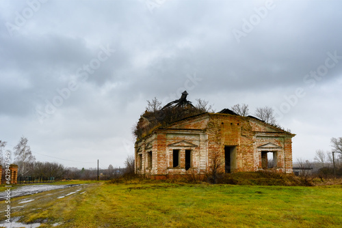 Surskoye, Ulyanovsk region, Russia - November 12, 2022: Old abandoned temple, slush and autumn landscape.