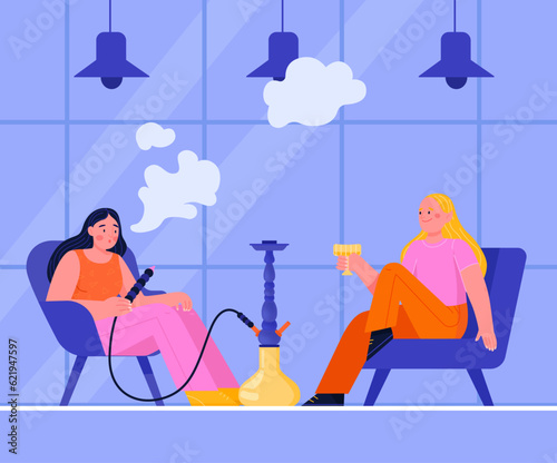 Girls have a rest in a restaurant with wine, hookah. Enjoy a cozy evening. Flat vector illustration