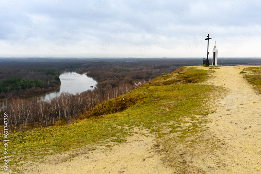View from Nikolskaya mountain to the river Sura and autumn landscape.
