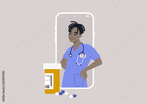 Online medical appointment for prescription drugs, a young doctor's portrait displayed on a mobile screen