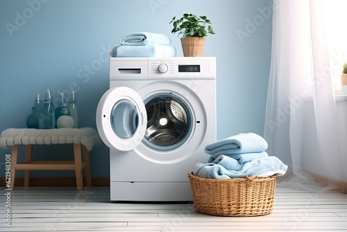 Obraz na płótnie interior design, Washing machine, washing gel and laundry basket on white background created generative ai