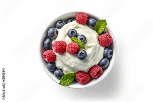 Fototapete Green bowl of greek yogurt and fresh berries isolated on white background, top v