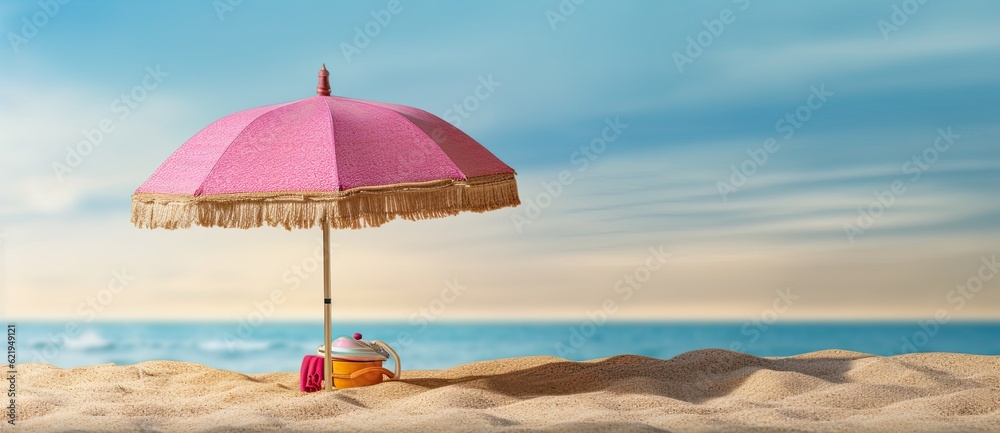 Summer beach holiday banner concept, beach accessories on white sand. Created with Generative AI technology.
