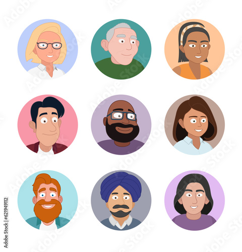 Illustrated characters profile images. Cropped headshots for social media profile picture. Nine diverse colorful characters. Easy to edit with editable line strokes.