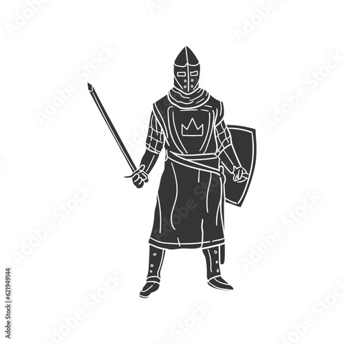 Medieval Knight Icon Silhouette Illustration. Middle Age Soldier Vector Graphic Pictogram Symbol Clip Art. Doodle Sketch Black Sign.