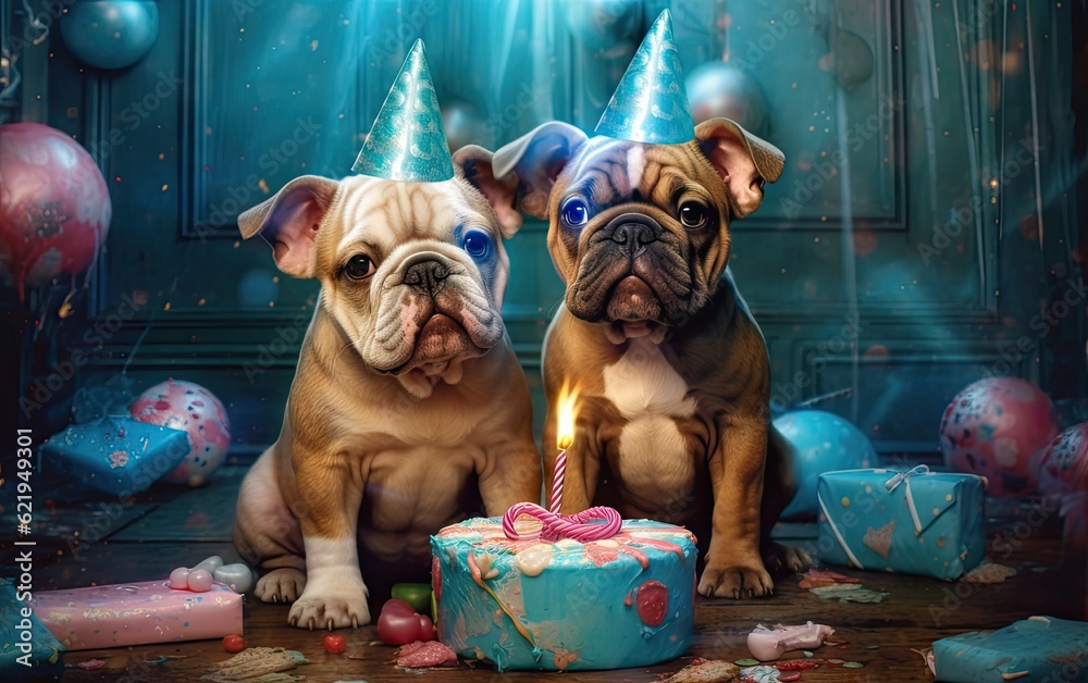 Two cute happy puppy dogs with a birthday cake celebrating at a ...