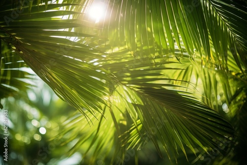 A captivating photo capturing sun rays streaming through a vibrant  lush green palm forest  Generative Ai