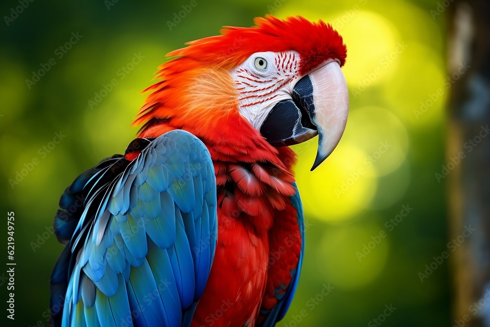 A tropical macaw perched with vibrant feathers in focus, capturing its beauty, Generative Ai