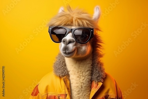 A technology-themed illustration featuring a lama dressed in hippy clothes against a vibrant yellow background, Generative Ai © Flowstudio