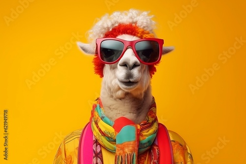 A technology-themed illustration featuring a lama dressed in hippy clothes against a vibrant yellow background, Generative Ai