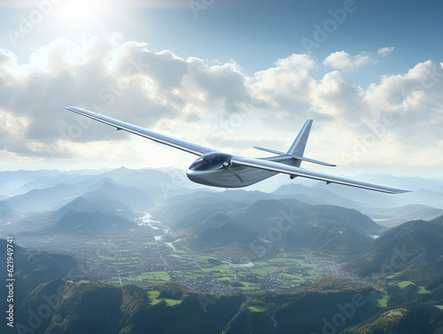 modern two-seat electric plane flies over the city in the sunset. Generative AI