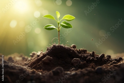 A captivating illustration depicting a young plant emerging from the soil, symbolizing growth and development, Generative Ai