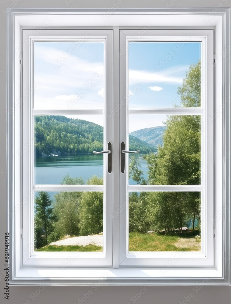 Modern residential window and trees and sky behind. Created with Generative AI technology. Modern residential window and trees and sky behind. Created with Generative AI technology.