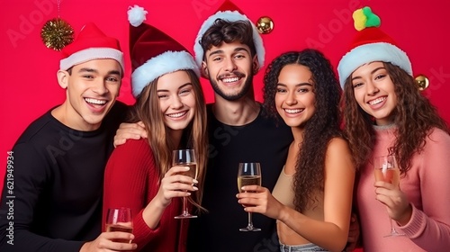 diverse young men and women having new year party, wearing red santa hats holding drinks on studio background