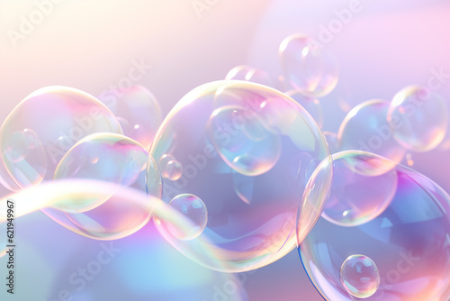 flying soap bubbles on holographic foil background, AI generated