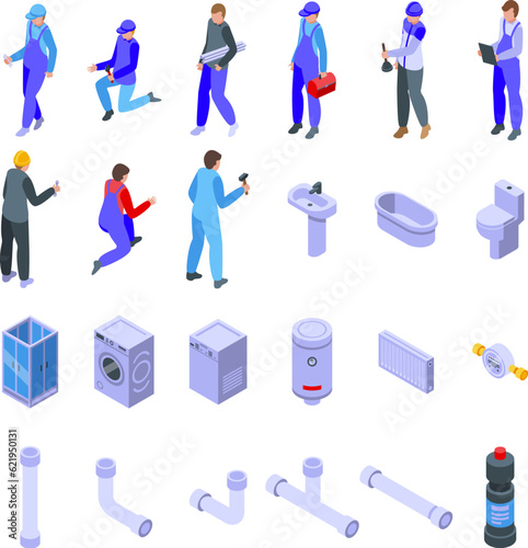 Plumber icons set isometric vector. Repair plumbing. Service man