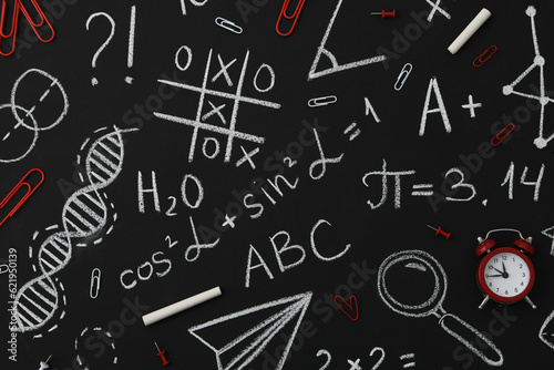 School formulas and drawings on a black school board