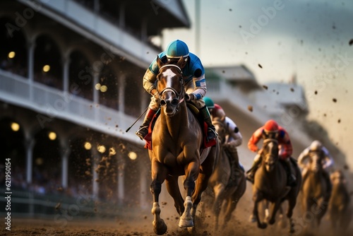 Energetic horses racing at the iconic Kentucky Derby, Generative Ai © Flowstudio
