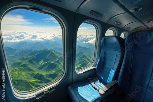 Above the Clouds. Views from the airplane window in the clouds. Aerial perspective and serene travel concept. AI Generative
