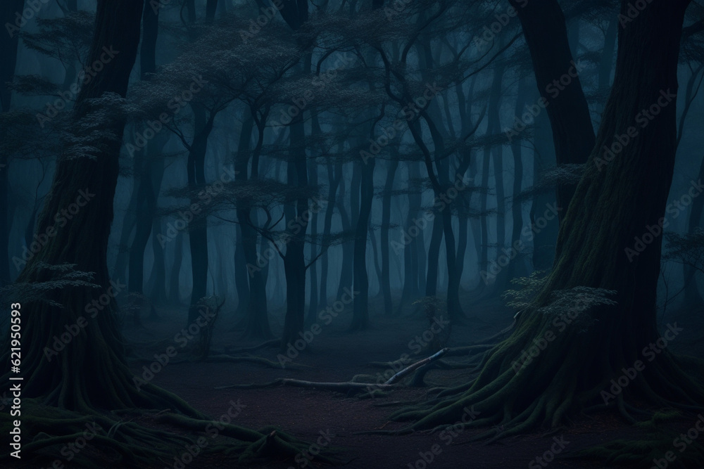 Fantasy landscape and scenery idea. Mystic dark forest. Concept art. Artwork and design. Matte painting. Background drawing and illustration.