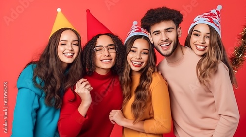 Multicultural group of young people men and women having New Year party, wearing red santa hats, smiling on colorful studio backgrounds