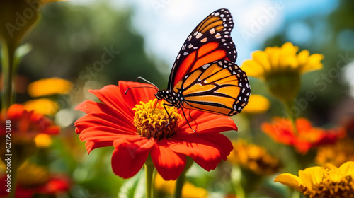 Mnarch butterfly on flower Generative AI © Sthefany
