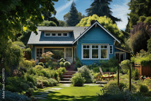 Traditional american house facade in suburb. Facade of old family house with lawn and backyard. Real estate and private property. Created with Generative AI