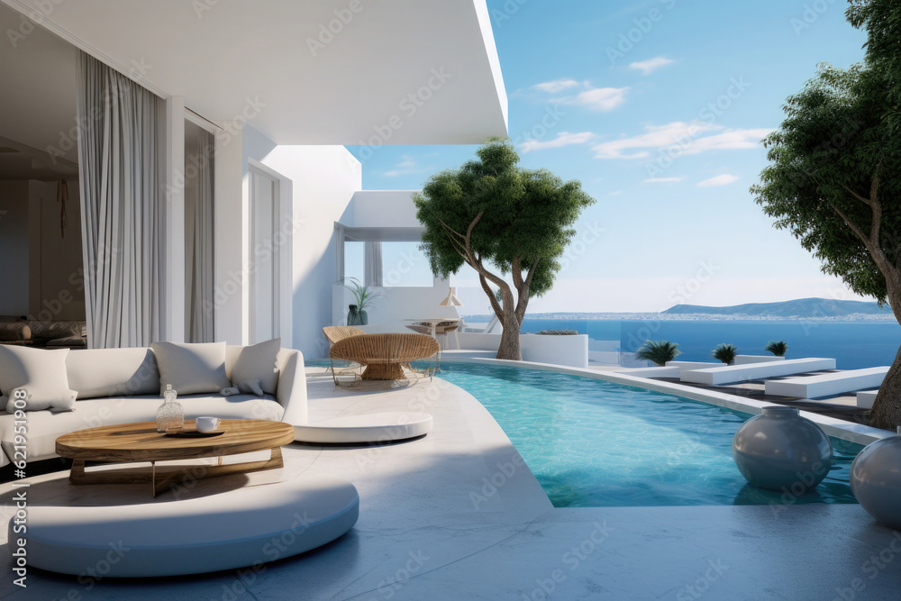 Fototapeta premium Luxury hotel resort with swimming pool. Lounge zone in villa with modern exterior made of white stone. Created with Generative AI