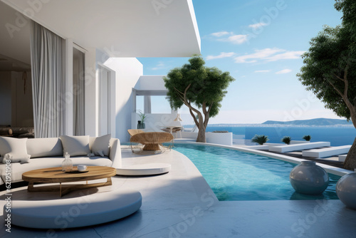 Luxury hotel resort with swimming pool. Lounge zone in villa with modern exterior made of white stone. Created with Generative AI