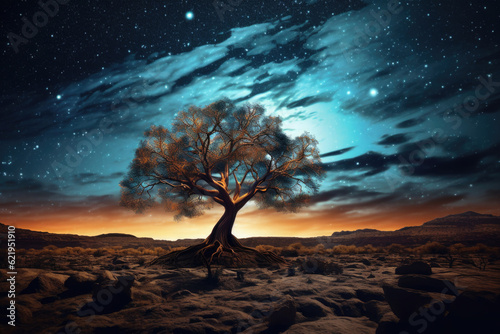 Lonely dried tree in desert landscape at twilight. Dead tree silhouette at night with starry sky. Beautiful landscape. Created with Generative AI
