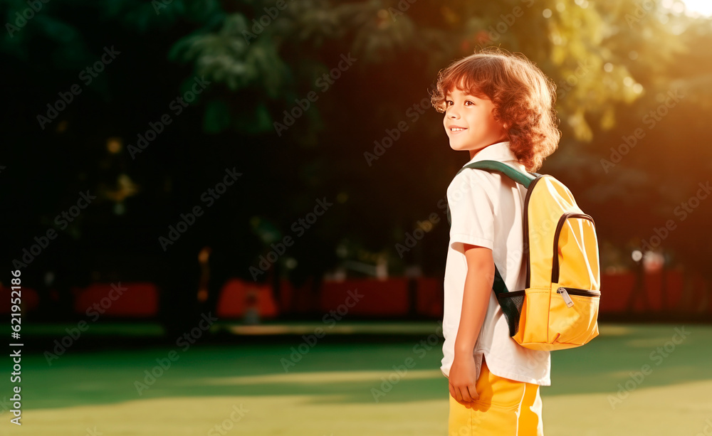 Back to School banner template with kid and yellow backpack on outdoor background and copy space