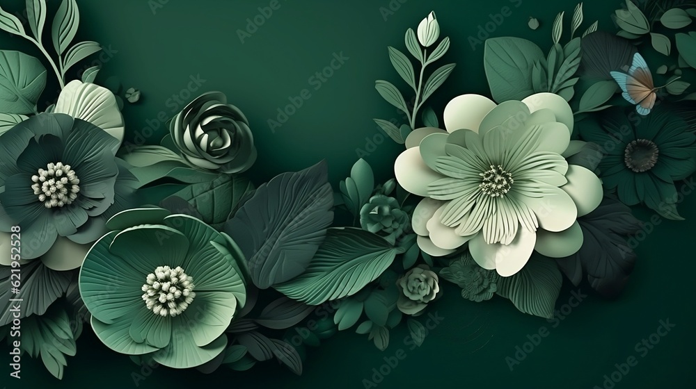 Green floral wallpaper. Generative AI