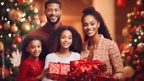 portrait black happy family with christmas outfit holding red gift box with a defocused christmas tree background