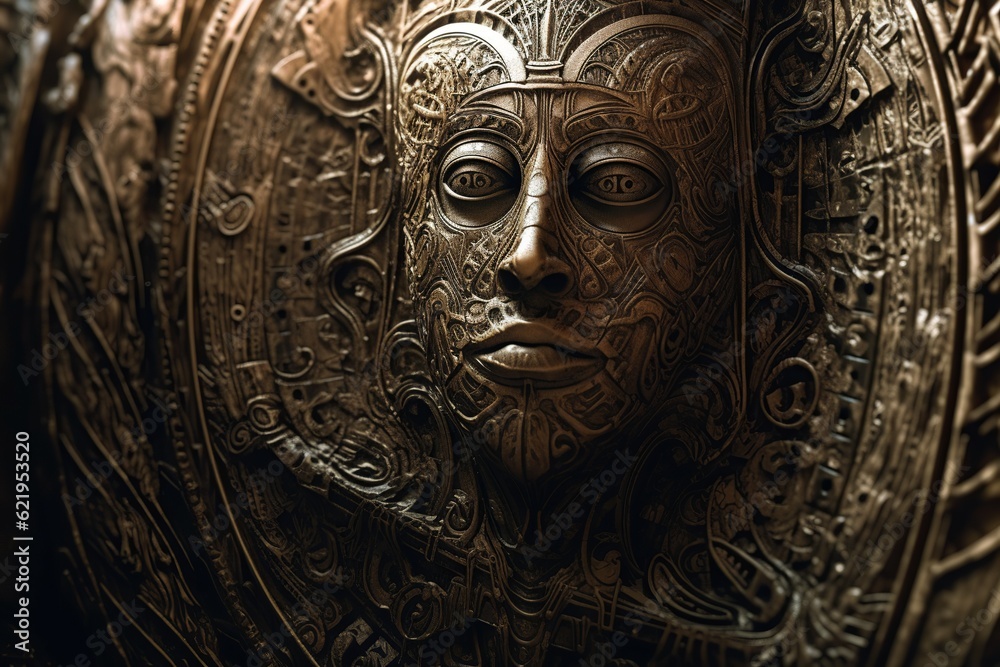 An image of a masked shield with ancient motifs. Generated ai