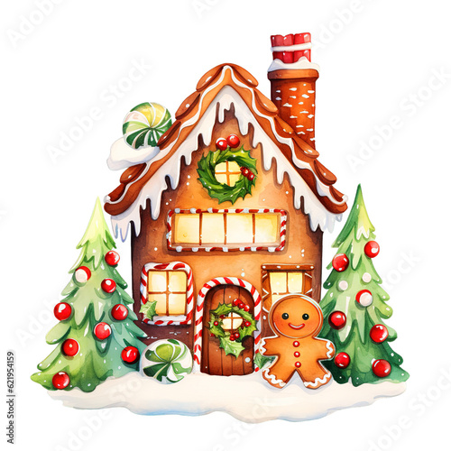 Watercolor Gingerbread House Christmas Cookie Clipart isolated on Transparent Background.