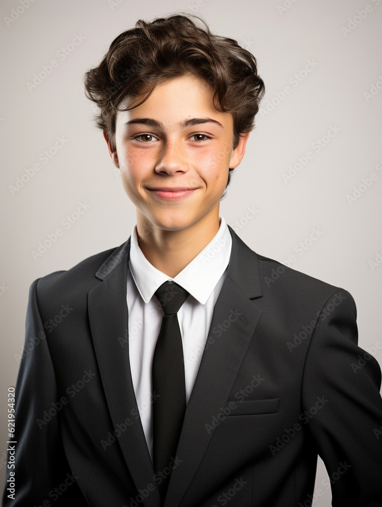 smiling dark-haired young boy, white background, portrait, isolated, AI generation smiling dark-haired young boy, white background, portrait, isolated, AI generation
