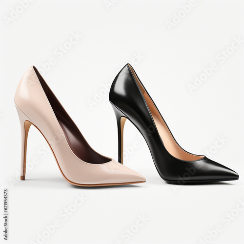  Beautiful classic pair black pink highheels shoes stiletto shoe style, on a white background, isolated Stylish accessory, realistic