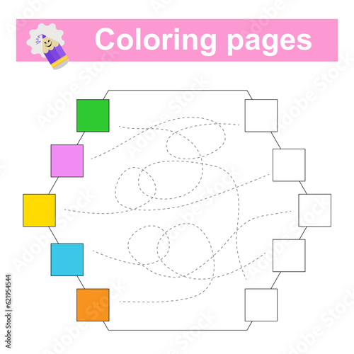 Educational game for children. Handwriting practice. Go through the maze and color an empty square with the appropriate color.