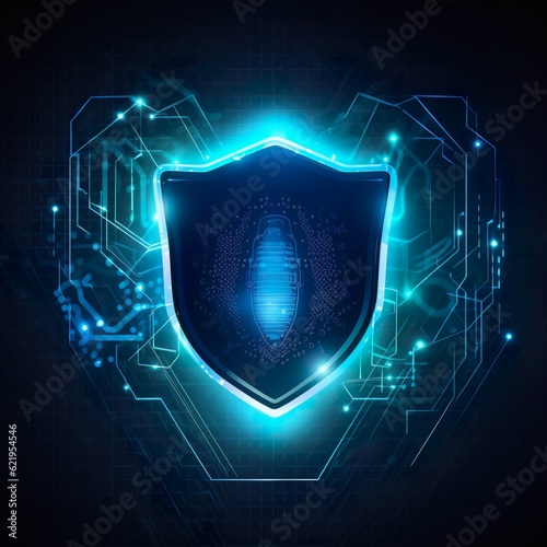 Cybersecurity in neon colors, virtual world, business laptop, data streams, ai generated