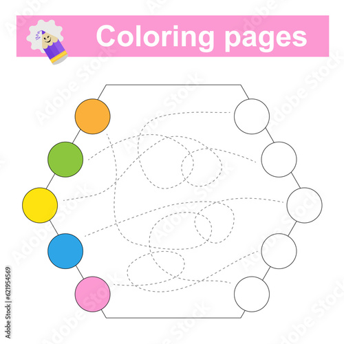 Educational game for children. Handwriting practice. Go through the maze and color an empty circle with the appropriate color.