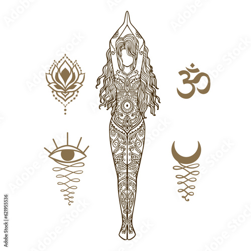 Yoga Girl with Mandala Set. Ornamental feminine Lotus meditation. Vector illustration on ethnic style. International yoga day card. Pose woman