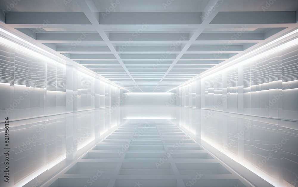 A white 3D space with a light shining above it. A white 3D space with a light shining above it.