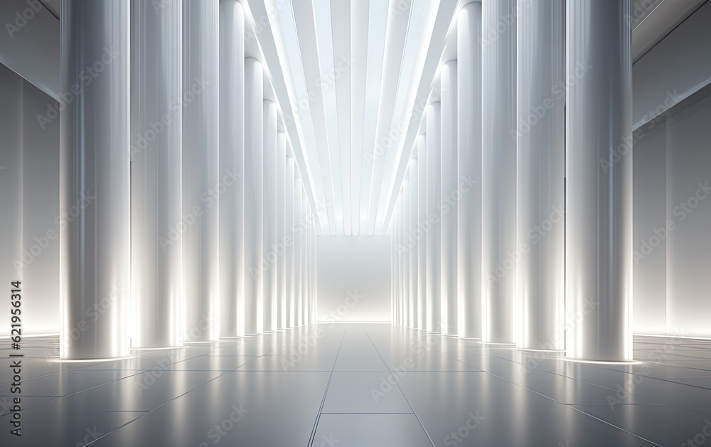 A white 3D space with a light shining above it. A white 3D space with a light shining above it.