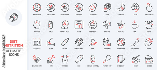 Nutrition trendy red black thin line icons set vector illustration. Diet sport in gym to slim, balance detox with water, healthy menu without sugar, GMO and gluten free, fresh vegetarian vitamin food.